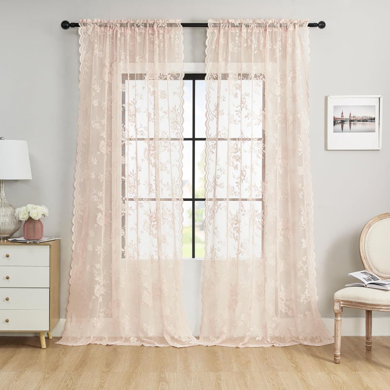 SEEKRIGHT Blush Pink Lace Curtains - 84 Inch Long, 2 Panel French Floral Sheer Curtains for Living Room & Bedroom - Vintage Victorian Style, Rod Pocket, Light Filtering Edges, Drapes - 52x84 - Image 2