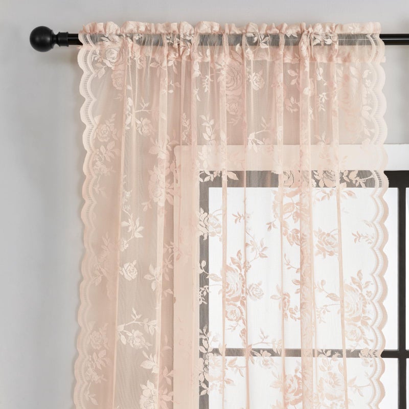 SEEKRIGHT Blush Pink Lace Curtains - 84 Inch Long, 2 Panel French Floral Sheer Curtains for Living Room & Bedroom - Vintage Victorian Style, Rod Pocket, Light Filtering Edges, Drapes - 52x84 - Image 3