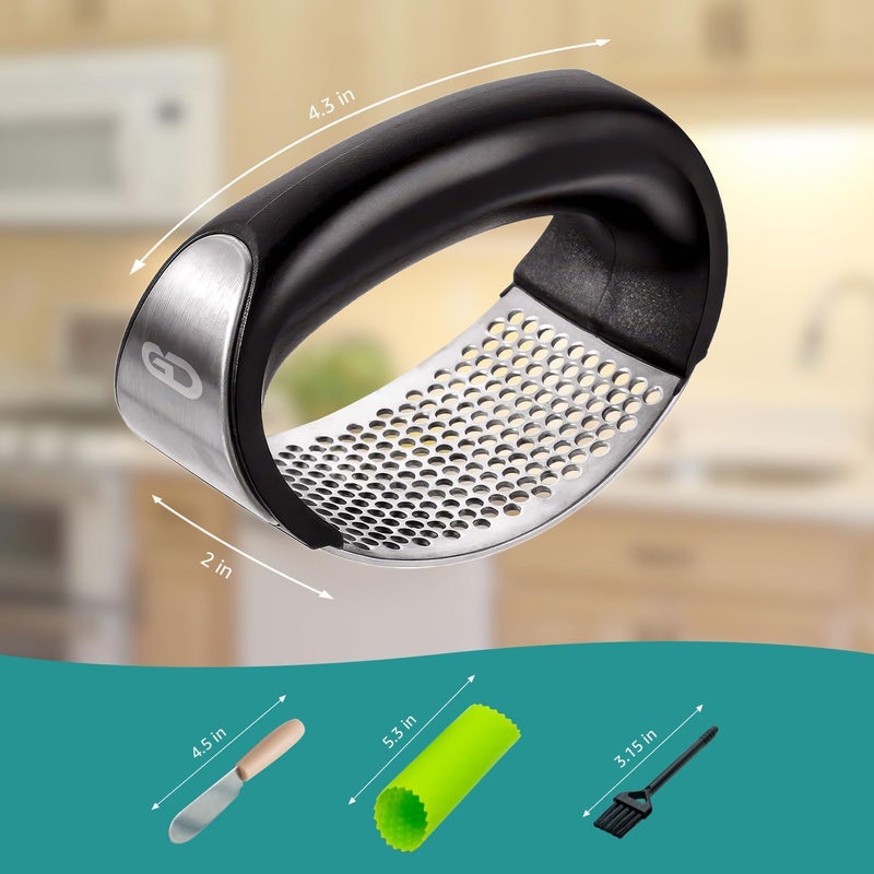 Global Digitronix Garlic press rocker, crusher, mincer tool stainless steel with a Garlic Peeler, spatula, and Brush extract more Garlic Paste. The Garlic Mincer Tool Squeezes, Extracts, Crushes - Image 3