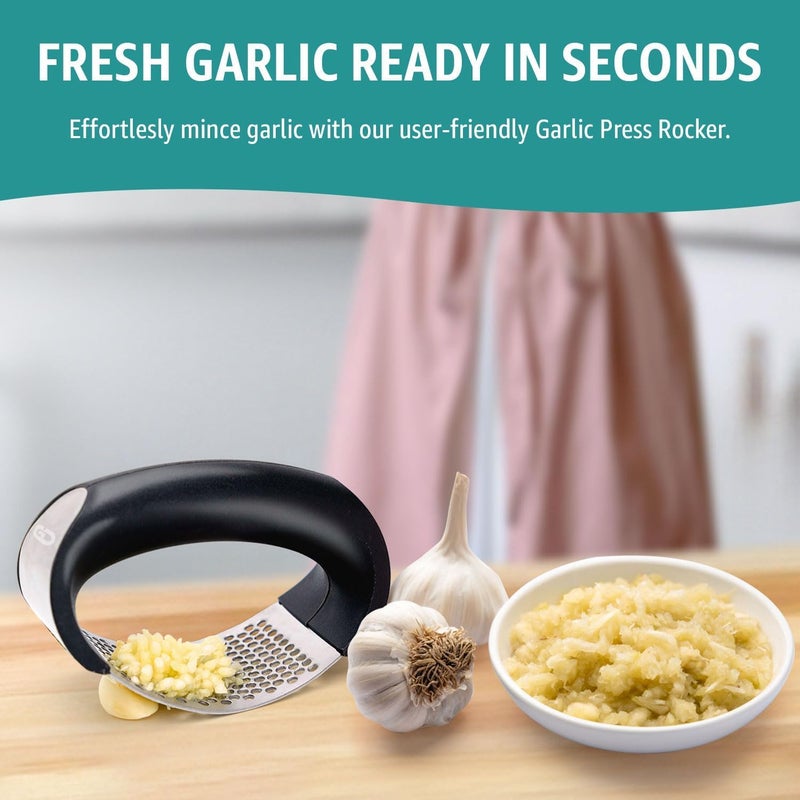 Global Digitronix Garlic press rocker, crusher, mincer tool stainless steel with a Garlic Peeler, spatula, and Brush extract more Garlic Paste. The Garlic Mincer Tool Squeezes, Extracts, Crushes - Image 4