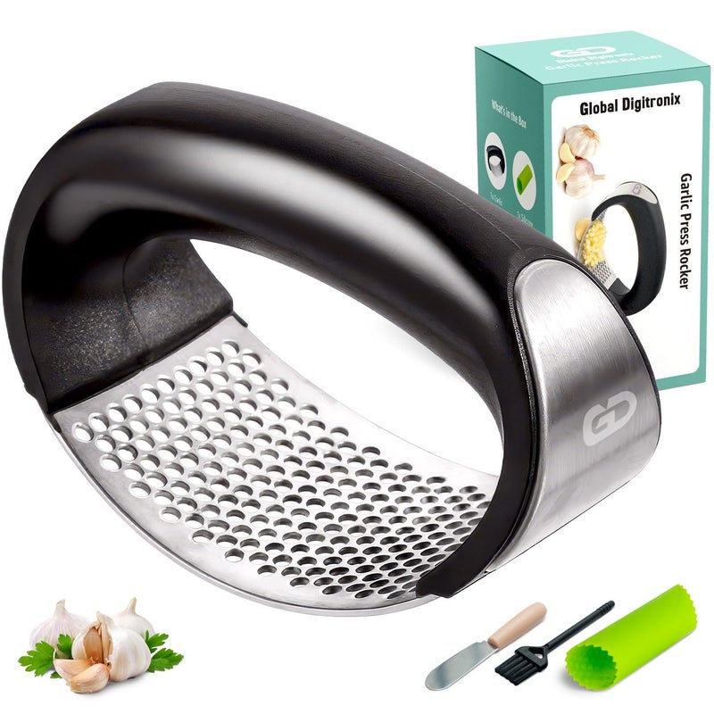 Global Digitronix Garlic press rocker, crusher, mincer tool stainless steel with a Garlic Peeler, spatula, and Brush extract more Garlic Paste. The Garlic Mincer Tool Squeezes, Extracts, Crushes - Image 1
