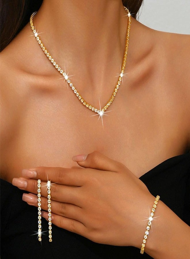 Unicra Rhinestone Bridal Wedding Jewelry Set Gold Necklace Earrings Bracelet Sets Prom Formal Costume Jewelry Sets for Women and Brides (Gold) - Image 5