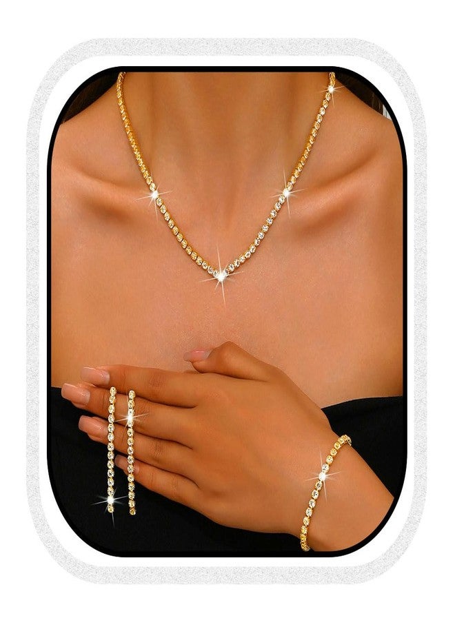 Unicra Rhinestone Bridal Wedding Jewelry Set Gold Necklace Earrings Bracelet Sets Prom Formal Costume Jewelry Sets for Women and Brides (Gold) - Image 1