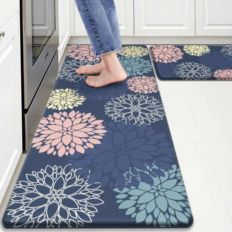 StepLively Kitchen Mats 2 PCS Cushioned AntiFatigue Floral Pattern OekoTEX Certified Washable NonSlip Standing Mats for Kitchen Office Sink  Laundry 173x30173x47 Blue