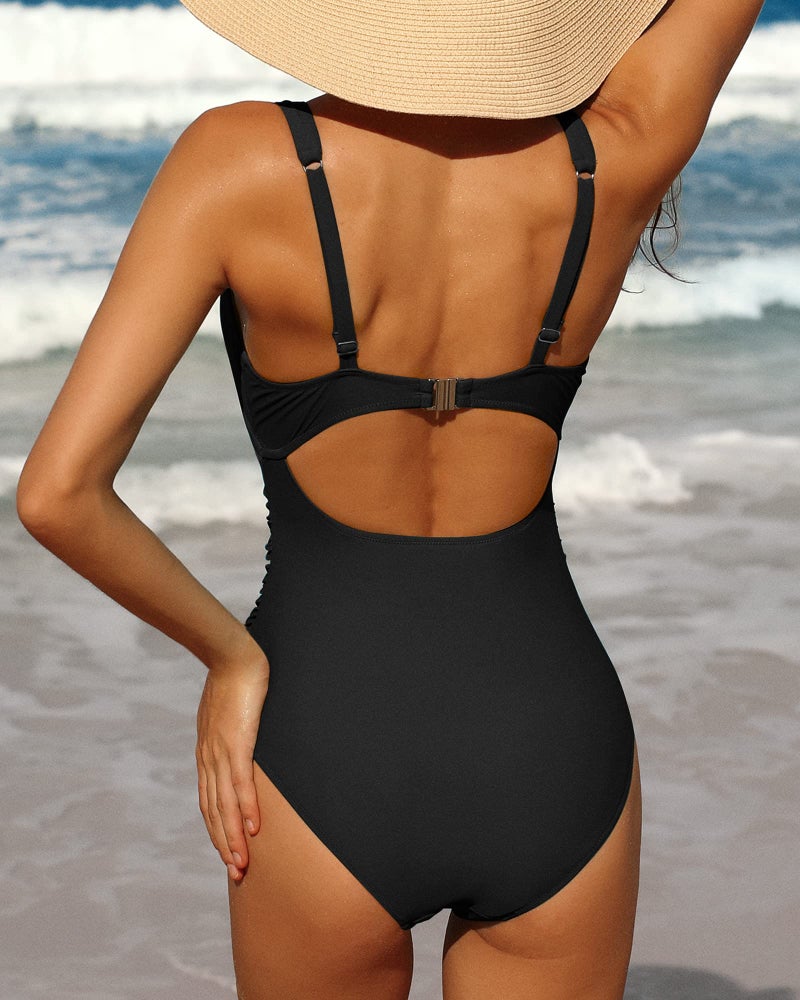 Charmo Womens One Piece Swimsuit Ruched Tummy Control High Cut Backless V Neck Bathing Suits Swimwear Black Large - Image 3