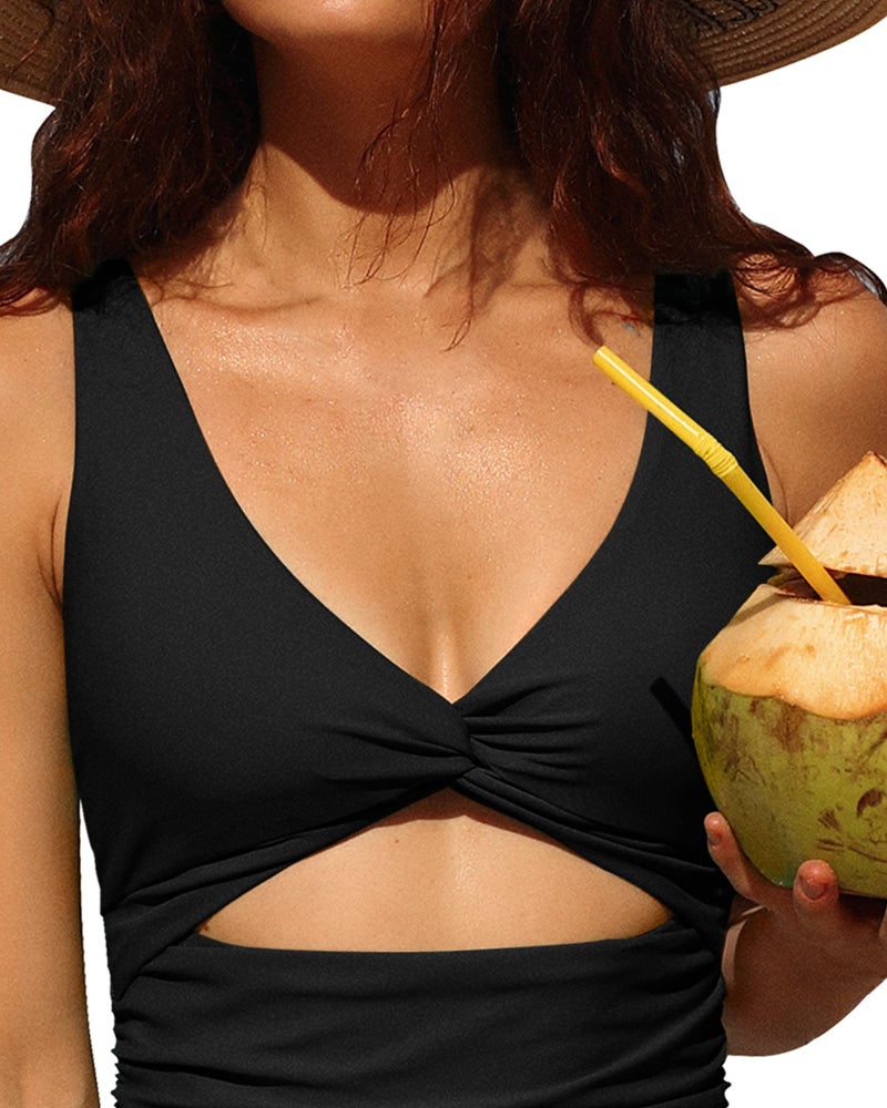 Charmo Womens One Piece Swimsuit Ruched Tummy Control High Cut Backless V Neck Bathing Suits Swimwear Black Large - Image 4