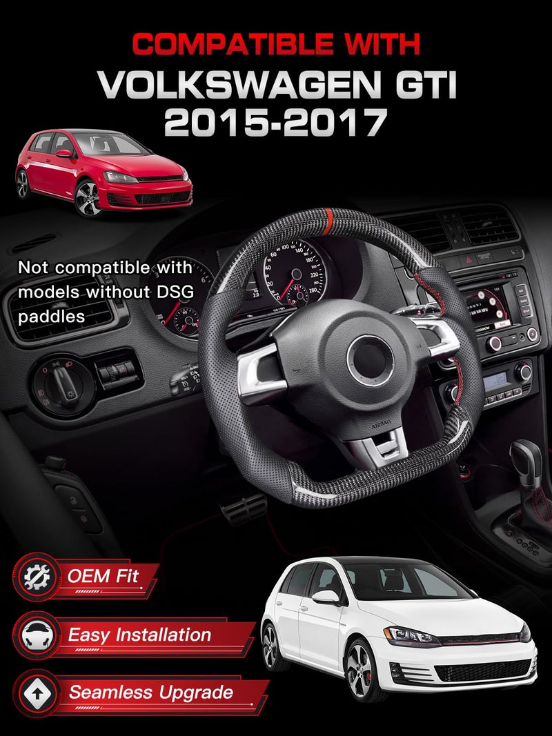 TESFEEL Real Carbon Fiber Steering Wheel for Volkswagen Golf GTI MK7 2015-2017 with DSG Paddle Shifters, D-Shape Flat Bottom, Black Leather Grip, Red Stripe & Red Stitching - Image 2