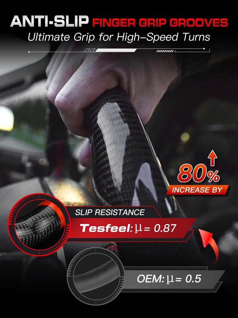TESFEEL Real Carbon Fiber Steering Wheel for Volkswagen Golf GTI MK7 2015-2017 with DSG Paddle Shifters, D-Shape Flat Bottom, Black Leather Grip, Red Stripe & Red Stitching - Image 4