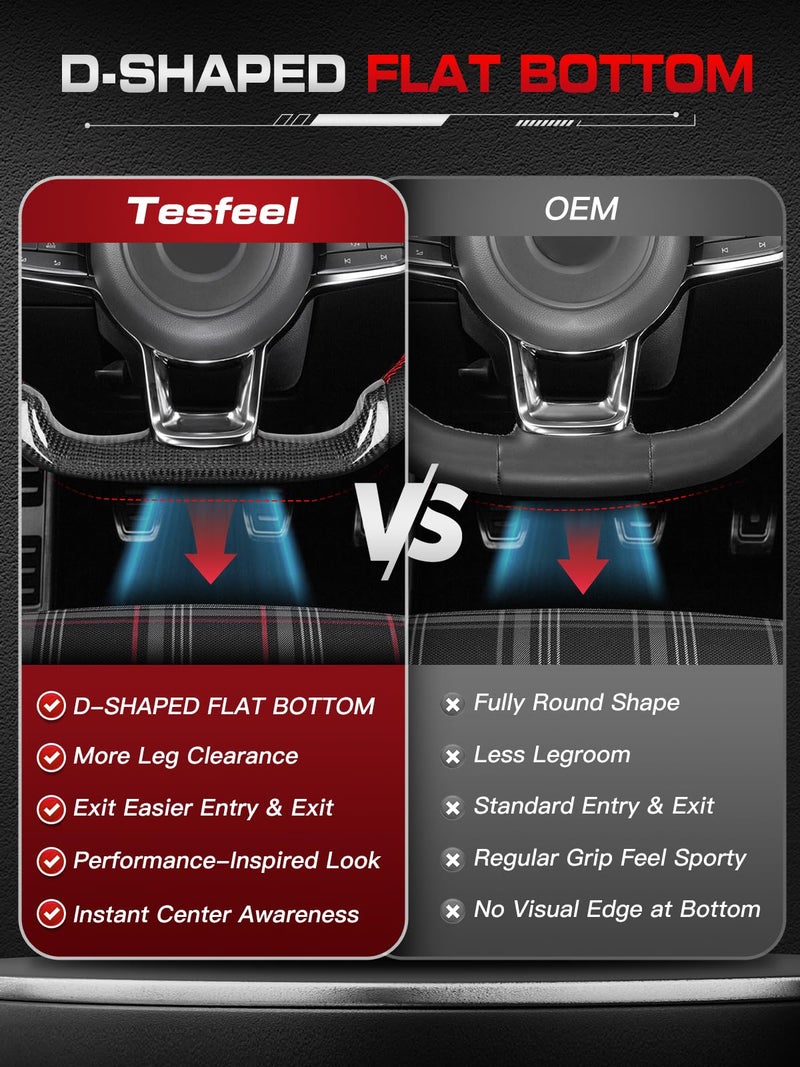 TESFEEL Real Carbon Fiber Steering Wheel for Volkswagen Golf GTI MK7 2015-2017 with DSG Paddle Shifters, D-Shape Flat Bottom, Black Leather Grip, Red Stripe & Red Stitching - Image 3