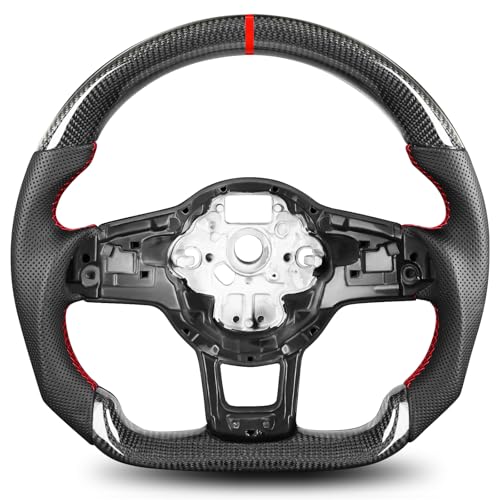 TESFEEL Real Carbon Fiber Steering Wheel for Volkswagen Golf GTI MK7 2015-2017 with DSG Paddle Shifters, D-Shape Flat Bottom, Black Leather Grip, Red Stripe & Red Stitching - Image 1