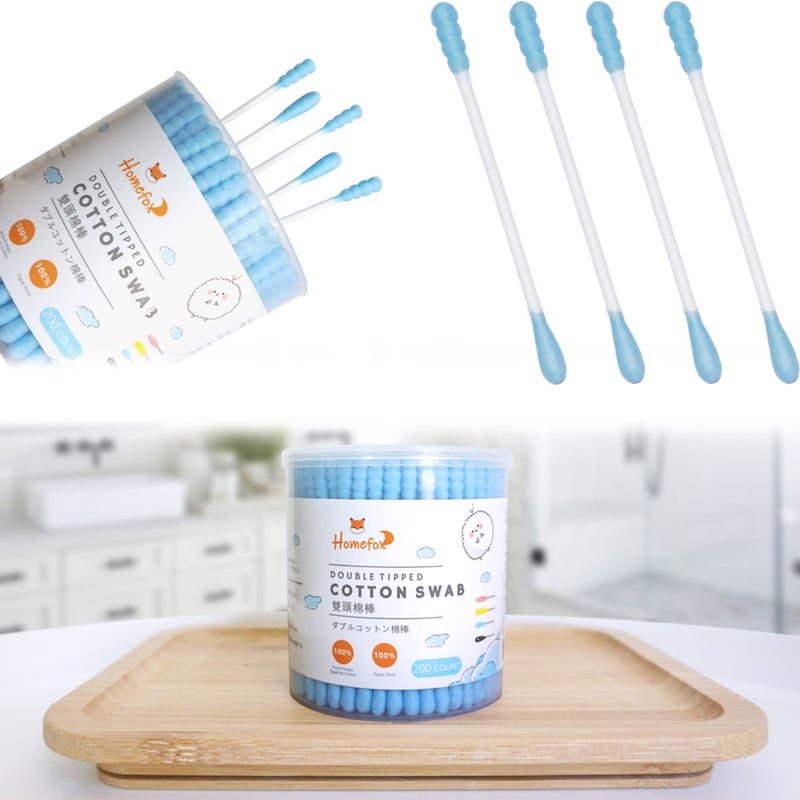 HOMEFOX Blue Cotton Swabs Spiral  200 Count Organic Cotton Buds Double Side Tightly Wrapped Cotton Tips Paper Stick Soft Gentle LintFree CrueltyFree Round  Spiral Blue