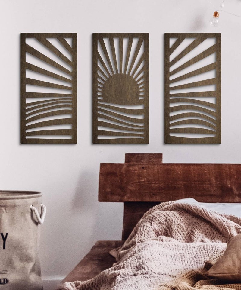 Putuo Decor Wooden Mid-Century Modern Wall Art Set of 3, Sunrise Landscape Wall Decor Nature-Inspired Geometric Artwork for Living Room Bedroom Entryway Dark Brown Modern Wall Sculpture - Image 4