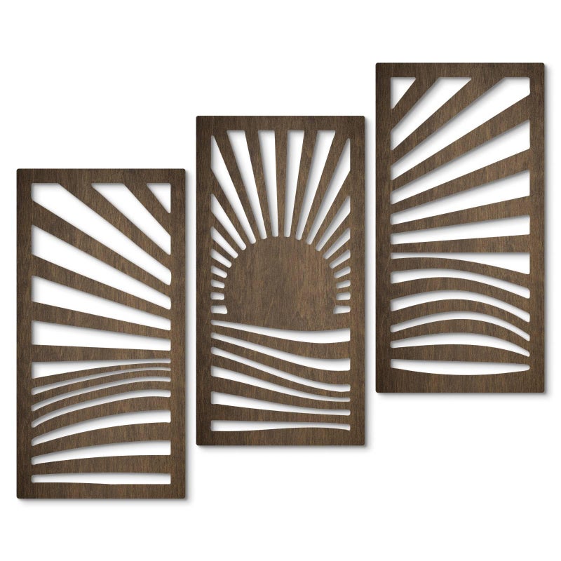 Putuo Decor Wooden Mid-Century Modern Wall Art Set of 3, Sunrise Landscape Wall Decor Nature-Inspired Geometric Artwork for Living Room Bedroom Entryway Dark Brown Modern Wall Sculpture - Image 1