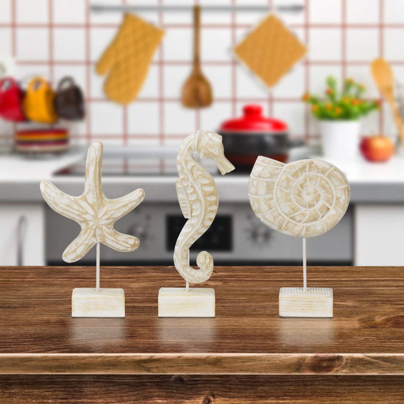 Exttlliy 3pcs Wood Handmade Beach Nautical Style Figurines Starfish/Conch/Seahorse Statue Home Decor Beach Decor Coastal Decor - Image 4