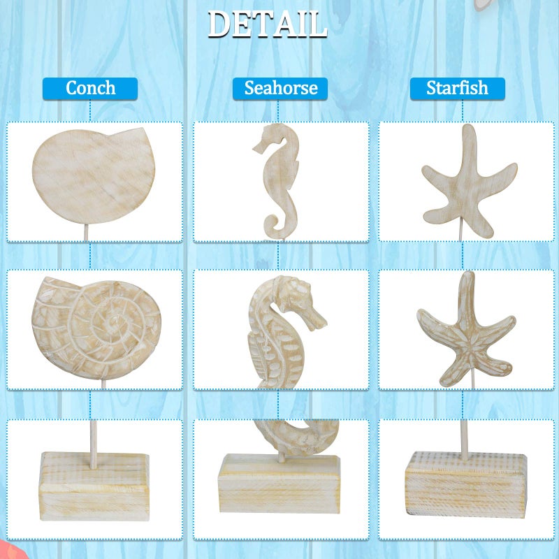 Exttlliy 3pcs Wood Handmade Beach Nautical Style Figurines Starfish/Conch/Seahorse Statue Home Decor Beach Decor Coastal Decor - Image 3