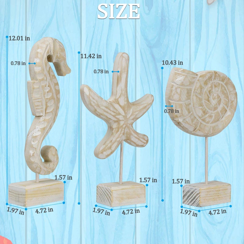 Exttlliy 3pcs Wood Handmade Beach Nautical Style Figurines Starfish/Conch/Seahorse Statue Home Decor Beach Decor Coastal Decor - Image 2