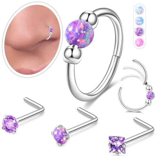 AMASIS 4Pcs Stainless Steel Nose Ring Set for Women Men,Hypoallergenic 20G L Shaped Nose Studs 8mm 18G Purple Opal Small Silver Hoops for Nostril Septum Cartilage Helix Rook 2nd or 3rd Ear lobe Lip Piercings - Image 1