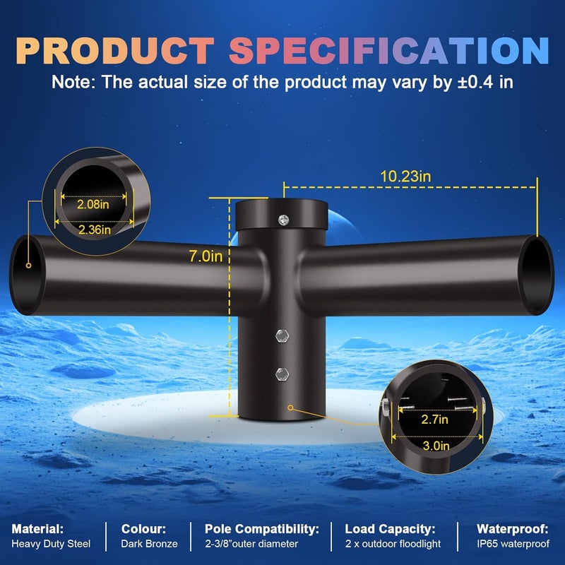 LEDMO 90° Tenon Adaptor with 2 arms, Double 2-3/8" Round Slip Fitter Bracket, Lighting Mounting Heavy Duty Extension Round Pole for Parking Lot Area Light Street Floodlight Solid Rustproof - Image 2
