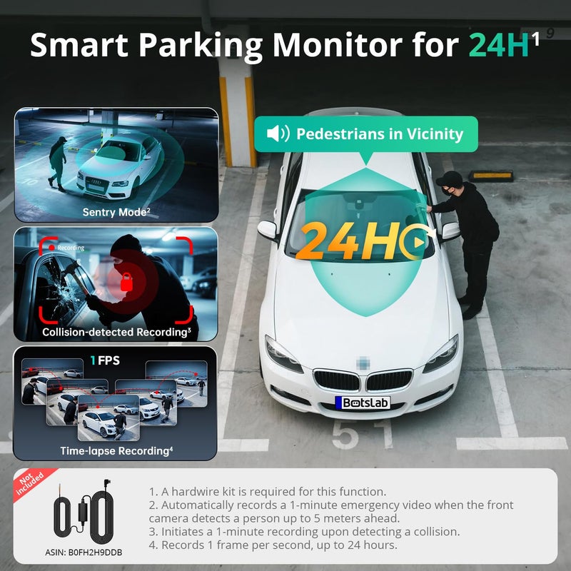 BOTSLAB 3 Channel Dash Cam 4K with 128GB Card, 3.18" Touch Screen, Voice Control, 4K Dash Cam Front and Rear Inside Loop Recording, 5.8GHz WiFi, GPS, Night Vision, WDR, Parking Mode - Image 3