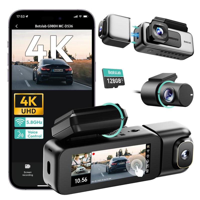 BOTSLAB 3 Channel Dash Cam 4K with 128GB Card, 3.18" Touch Screen, Voice Control, 4K Dash Cam Front and Rear Inside Loop Recording, 5.8GHz WiFi, GPS, Night Vision, WDR, Parking Mode - Image 1