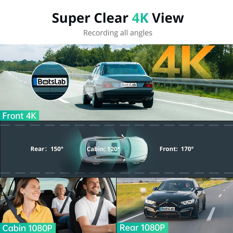 BOTSLAB 3 Channel Dash Cam 4K with 128GB Card, 3.18" Touch Screen, Voice Control, 4K Dash Cam Front and Rear Inside Loop Recording, 5.8GHz WiFi, GPS, Night Vision, WDR, Parking Mode - Image 2