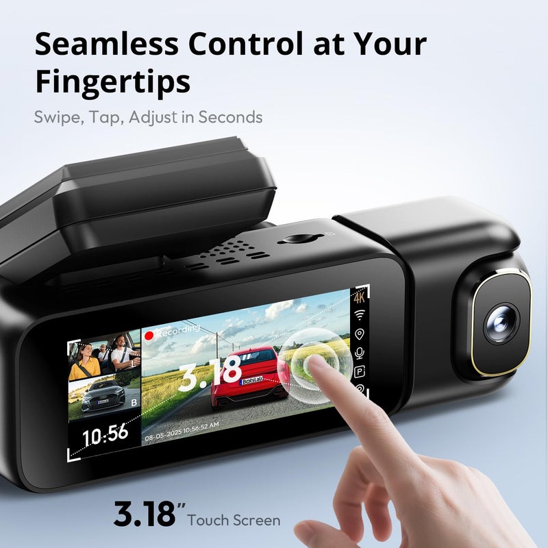 BOTSLAB 3 Channel Dash Cam 4K with 128GB Card, 3.18" Touch Screen, Voice Control, 4K Dash Cam Front and Rear Inside Loop Recording, 5.8GHz WiFi, GPS, Night Vision, WDR, Parking Mode - Image 4
