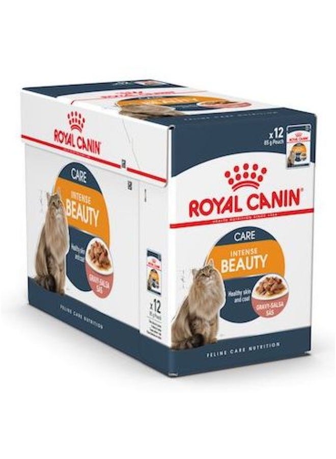 ROYAL CANIN Feline Care Nutrition Hair & Skin Gravy Intense Beauty Wet Food Pouches 12x85g  - Image 1