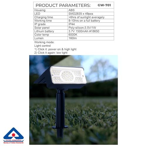 GIGAWATTS GW-701 Solar Landscape Spotlight 49 LED 1500mAh Li-ion Battery Outdoor Light 160lm Ground Spot Lamp with 1W Polysilicon Panel for Yard Garden Driveway Porch Patio (Pack of 1) - Image 2