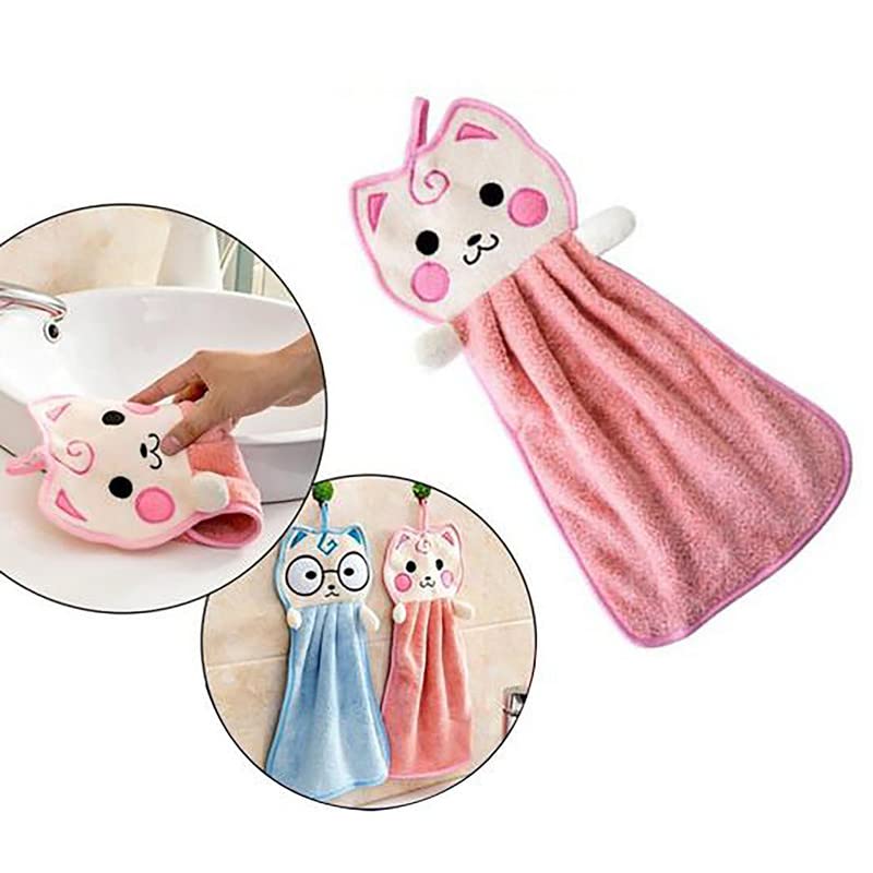 CLUZE Super Soft Cute Cartoon Hanging Hand Towel for Kitchen and Bathroom Ultra Absorbent Thick Coral Velvet Hand Towels with Hanging Loop Fast Drying Microfiber Sky Pink 6 Pcs - Image 3
