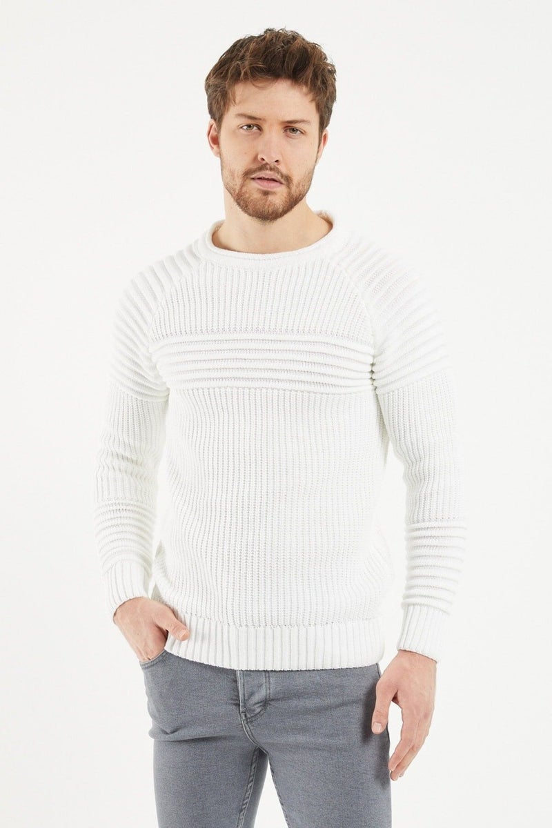 Cool Tarz Cool Style Men's White Ribbed Crew Neck Knitwear Sweater  - Image 1
