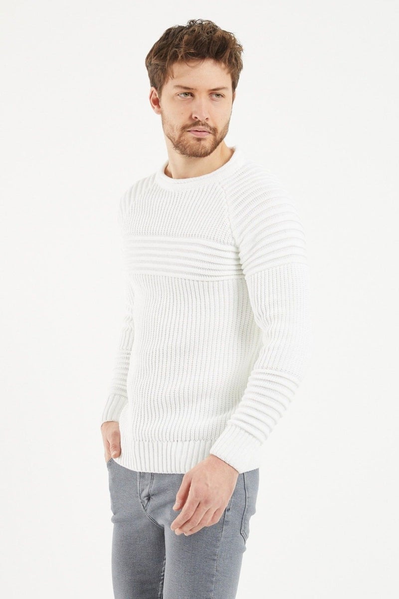 Cool Tarz Cool Style Men's White Ribbed Crew Neck Knitwear Sweater  - Image 3