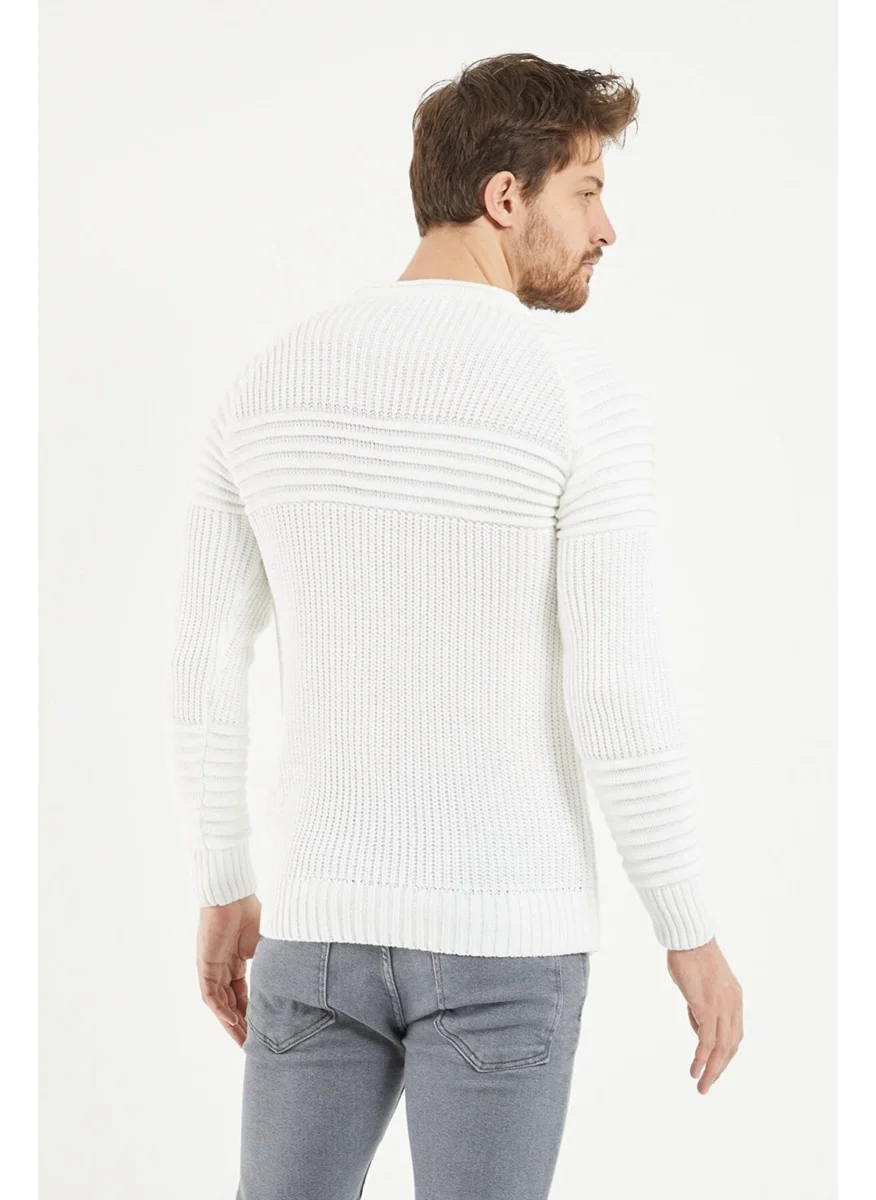 Cool Tarz Cool Style Men's White Ribbed Crew Neck Knitwear Sweater