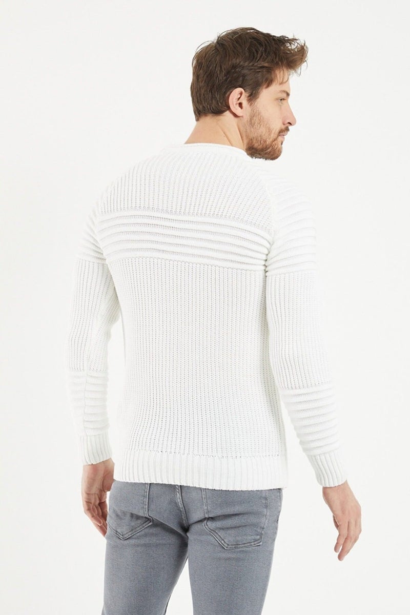 Cool Tarz Cool Style Men's White Ribbed Crew Neck Knitwear Sweater  - Image 2