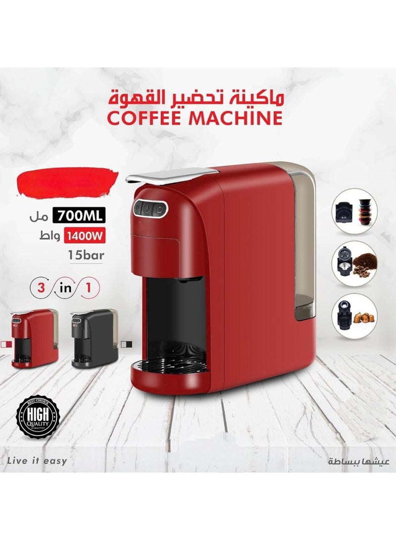 3 in 1 Capsule Coffee Machine, 15 Bar Pressure, 700ml, 1400W Compatible with Nespresso, Dolce Gusto, and Ground Coffee, Fast Brewing, Adjustable Cup Sizes, Compact Design for Home & Office  - Image 2