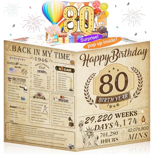 OLOSONG 80th Birthday Card for Men Women, Funny 3D Pop Up 80th Birthday Gifts for Grandma Mom Dad, Back In 1946 Happy 80 Year Old Birthday Decorations Cards for Her Him, Classy Vintage - Image 1