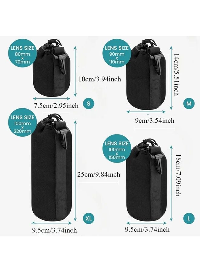 Black 4Pcs Waterproof Neoprene Drawstring Camera Lens Pouch Bag Protector Case Set - Image 1