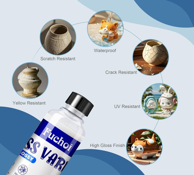 Fuchoi Air Dry Clay Glaze 200ml, Clear Air Dry Clay Varnish, Gloss Varnish for Acrylic Painting, Pottery Clay and Wood, Clay Sealant to Prevent Cracking Scratches Wear, Waterproof &High Gloss - Image 3