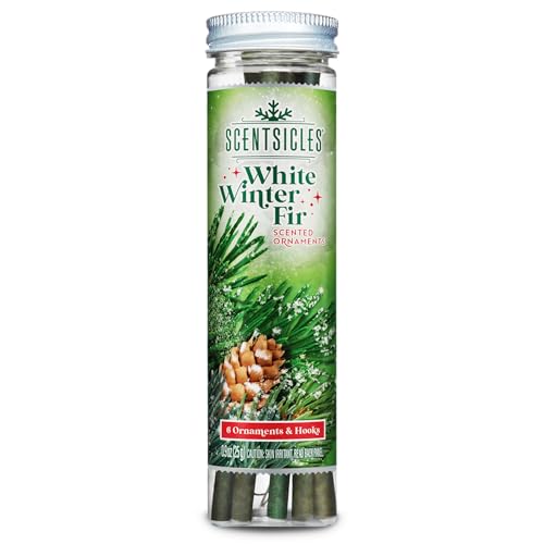 ScentSicles زينة عيد الميلاد المعطرة برائحة شجرة الصنوبر البيضاء من سينتسيكلز مع خطافات - 1 زجاجة (6 أعواد إجمالاً) - Image 1
