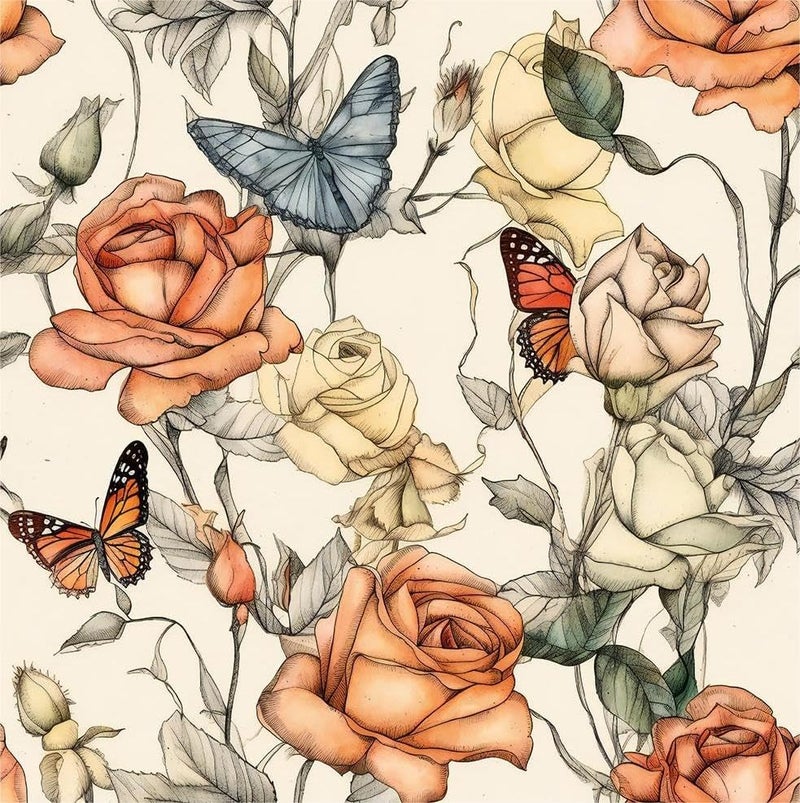 MuralPeel ورق جدران قابل للإزالة بتصميم زهور بوهيمية فراشات برتقالية وزرقاء وصفراء