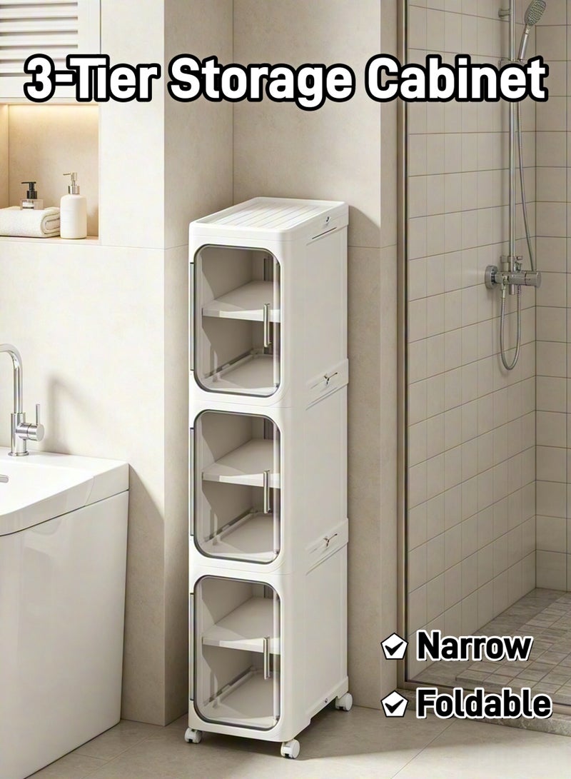 3-Tier Storage Cabinet, Slim Bathroom Storage Cabinet,Foldable Storage Cabinets with Wheels, Narrow Bathroom Storage,Movable Bathroom Storage Organizer for Small Spaces, Bathroom, Kitchen, Laundry - Image 1