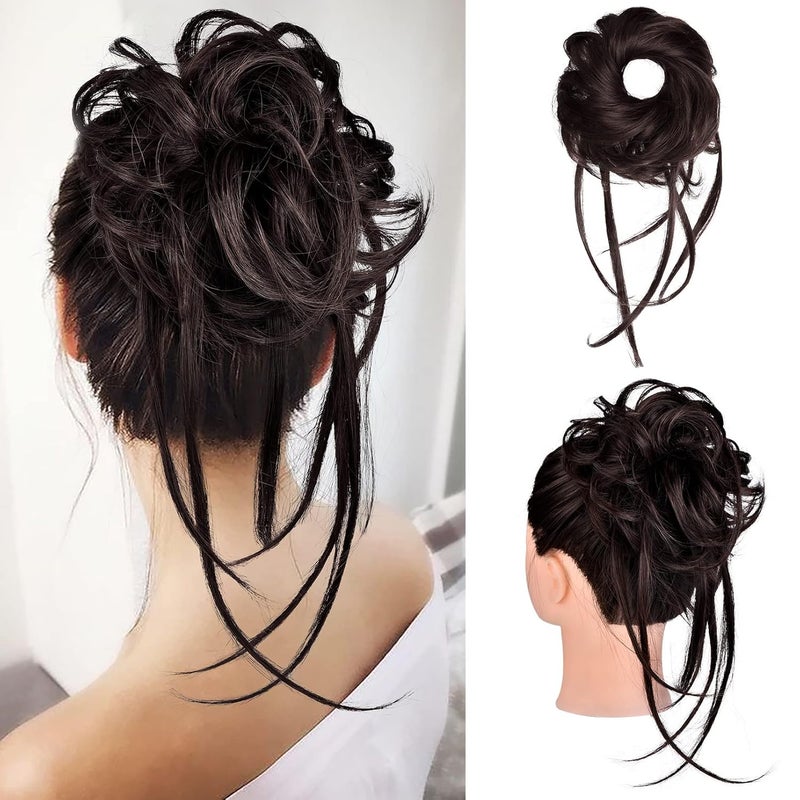 HOOJIH Messy Bun Hair Piece Super Long Tousled Updo Hair Bun Extensions Wavy Hair Wrap Ponytail Hairpieces Hair Scrunchies with Elastic Hair Band for Women HB007 Grace  Dark Brown