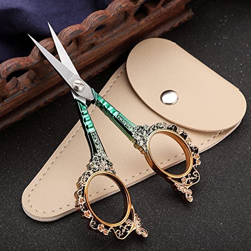 HITOPTY Sewing Scissors Sharp Embroidery Scissors with Sheath, Craft Scissor for Needlework Artwork Threading Cross Stitch Handicraft DIY Tool, 4.5in Gold Green Shears - Image 2