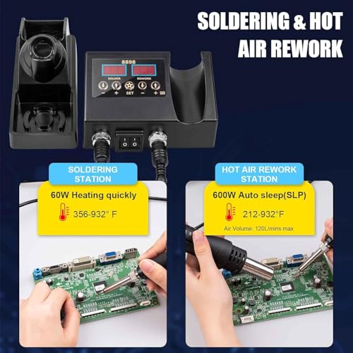 Serplex® 2-in-1 Soldering Station With LCD Display, 600W Hot Air Gun, Adjustable Temperature, Divided Switches, Fast-Heat, 3 Nozzles (5/8/10mm) & Holder, For SMD PCB Electronics Repair & Welding - Image 5