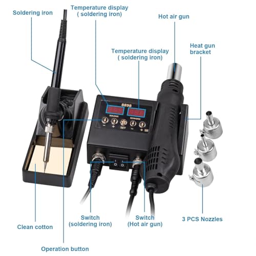 Serplex® 2-in-1 Soldering Station With LCD Display, 600W Hot Air Gun, Adjustable Temperature, Divided Switches, Fast-Heat, 3 Nozzles (5/8/10mm) & Holder, For SMD PCB Electronics Repair & Welding - Image 3
