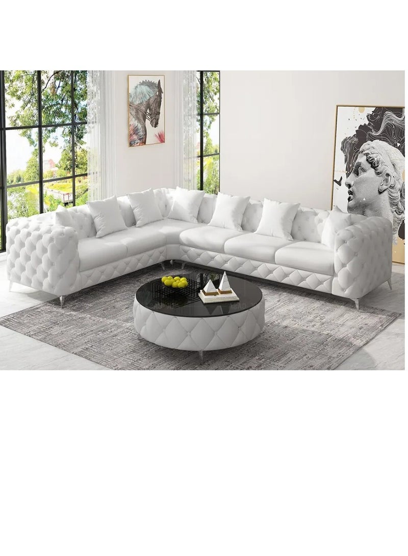Maharat Al Bahar White Luxury L-Shaped Velvet Chesterfield Sofa - 6-Seater with Golden Legs - Classic Tufted Design for Elegant Living Rooms - Image 1