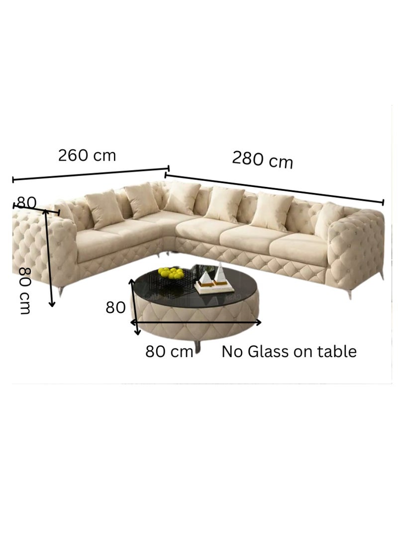 Maharat Al Bahar White Luxury L-Shaped Velvet Chesterfield Sofa - 6-Seater with Golden Legs - Classic Tufted Design for Elegant Living Rooms - Image 2