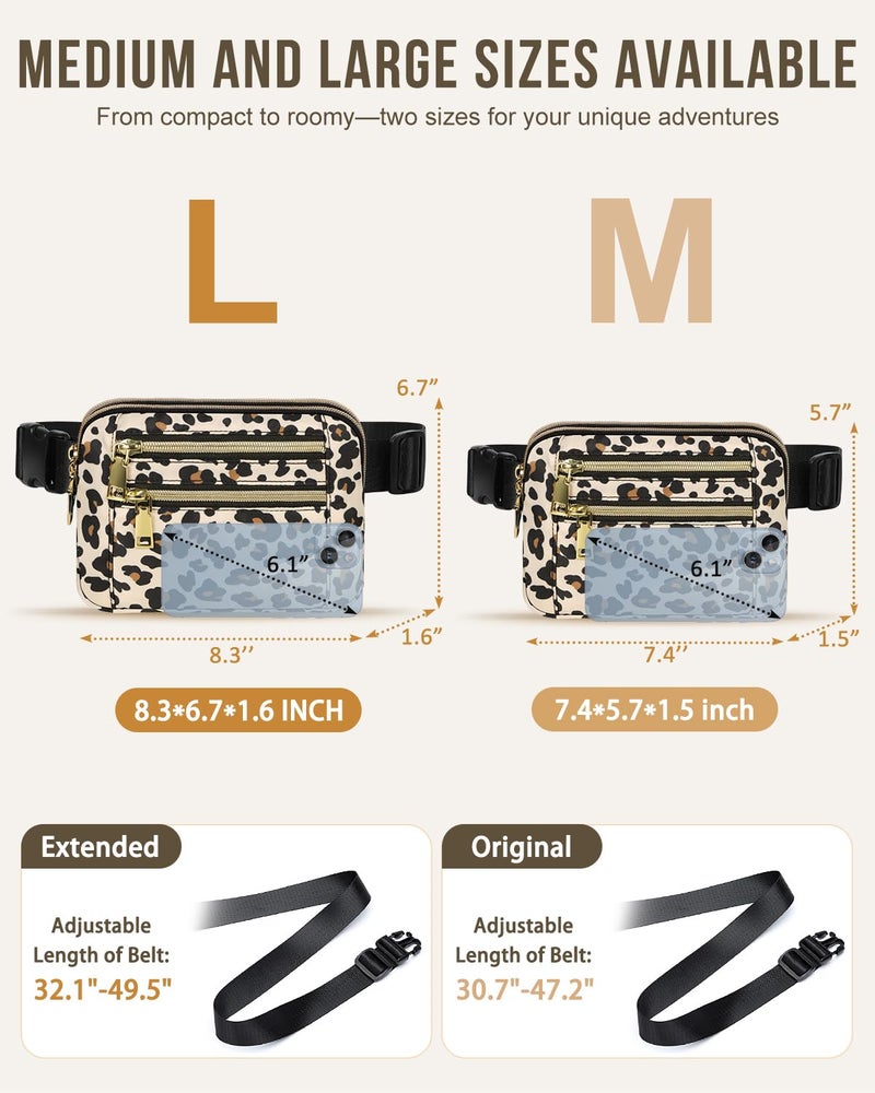 Capolo Fanny Packs for Women Fashion Waist Packs Bag with Adjustable Strap and 4 Zipper Pockets Waterproof Everywhere Crossbody Belt Bag for Workout Running Travelling(Leopard, Large) - Image 3