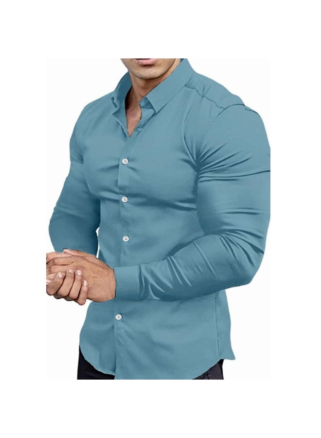 نيبمينينت قمصان رجالية بأكمام طويلة مقاومة للتجاعيد، مرنة، للأعمال والكاجوال، مثالية للزفاف، بقصة زر. - Image 1