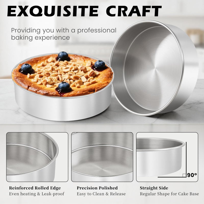 tutikuki 6 Inch Cake Pan - 3PCS Stainless Steel Smash Cake Baking Pans Tins with 100 PCS Parchment Paper, Round Bakeware for Party Birthday Wedding, Mirror Finish & Dishwasher Safe - Image 3