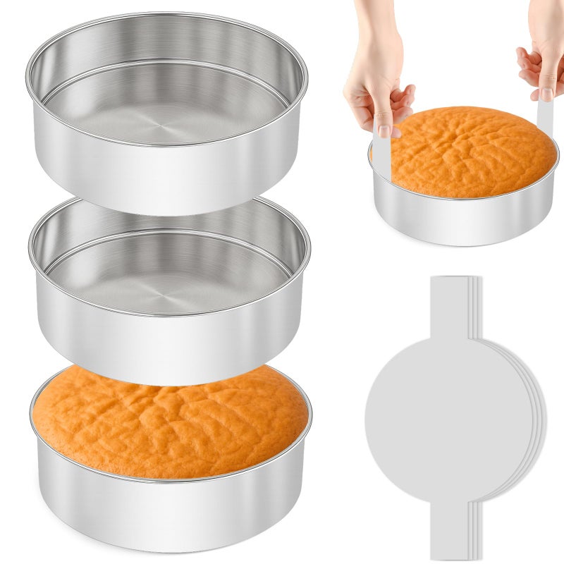 tutikuki 6 Inch Cake Pan - 3PCS Stainless Steel Smash Cake Baking Pans Tins with 100 PCS Parchment Paper, Round Bakeware for Party Birthday Wedding, Mirror Finish & Dishwasher Safe - Image 1